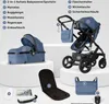 A product image displaying a stroller and its various components with numbered labels and text descriptions. Produktbild-Vorschau