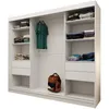 A white sliding door wardrobe with clothes and a backpack inside. Produktbild-Vorschau