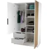 An open white wardrobe with clothes hanging inside, shelves with folded clothes, and drawers. Produktbild-Vorschau