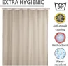 A beige shower curtain with various hygiene-related icons and text on the right side. Anteprima dell’immagine prodotto