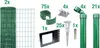 A collection of fence components laid out on a white background, including rolls of green wire mesh, various green plastic connectors and caps, and silver metal stakes and sleeves. Voir les images du produit