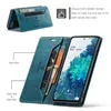 A teal colored wallet-style phone case is shown open with a phone inside, and a smaller image of the case closed is shown above. Produktbild-Vorschau
