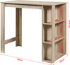 A bar table with shelves, shown from a front-side angle against a white background. Dimensions are indicated with red lines and text. Anteprima dell’immagine prodotto