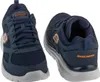 Two navy blue Skechers sneakers are shown from different angles against a white background. Voir les images du produit