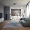 A modern living room and kitchen area with a ceiling light. Produktbild-Vorschau