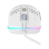 A white gaming mouse with RGB lighting is shown from the front. Podgląd zdjęcia produktu