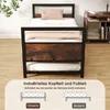A bed frame with a mattress, shown in a room with a plant and a rolling cabinet in the background. The bottom of the image contains marketing text and diagrams. Náhled obrázku produktu