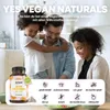 A family is in a kitchen setting, with a bottle of vitamins in the foreground and icons representing product features below. Produktbild-Vorschau