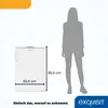A white freezer is shown next to a silhouette of a person to indicate its size. Dimensions are also displayed. Produktbild-Vorschau