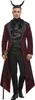 A man wearing a devil costume, including horns and a long coat, standing and holding a cane. Voir les images du produit