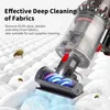 A vacuum cleaner head is shown cleaning a white fabric surface, with text overlay describing its effectiveness. Produktbild-Vorschau
