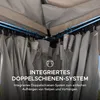 Close-up view of a tent's integrated double rail system with curtains and netting hanging from it. Náhled obrázku produktu