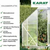 A greenhouse with plants inside, next to a hedge. Text describes the features of the greenhouse panels. Voir les images du produit