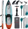 A collection of items for a tandem kayak/paddleboard set, including the board, paddles, pump, fins, and carrying bag, laid out on a white background. Voir les images du produit