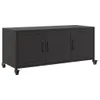 A black metal TV cabinet with three doors and wheels, shown against a white background. Anteprima dell’immagine prodotto