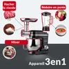 A collage showcasing a kitchen appliance with three different attachments and corresponding food items. Voir les images du produit