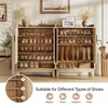 A shoe cabinet with multiple shelves displaying various types of shoes, with decorative elements and text overlays. Podgląd zdjęcia produktu