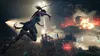 A female character in mid-air, holding a bow and arrow, with explosions and a building in the background. Produktbild-Vorschau
