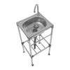 A stainless steel kitchen sink with a faucet, mounted on a silver metal stand. The sink has a drain and a stopper. The background is plain white. Náhled obrázku produktu