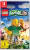 The image shows the front cover of the LEGO Worlds Nintendo Switch game. It features a large LEGO minifigure character in the center, surrounded by various LEGO-themed elements like creatures, landscapes, and smaller minifigures. The game's title is promin Produktbild-Vorschau
