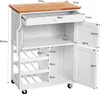 A white kitchen cart with a wooden top, featuring open doors, shelves, and a wine rack, with dimensions indicated by measurement lines and text. Produktbild-Vorschau