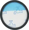 A round vacuum cleaner filter with a blue top section and a white bottom section with dashed blue lines. Produktbild-Vorschau