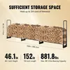 A metal firewood rack filled with firewood, with dimensions and capacity information displayed. Voir les images du produit