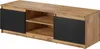 A low TV cabinet with a wood-grain finish and black doors and shelves. Voir les images du produit