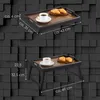 Two views of a foldable bamboo tray table, one with legs folded and one with legs extended, each holding a cup of coffee and croissants. Anteprima dell’immagine prodotto