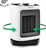 A white ceramic heater with a black base is shown from a slightly angled front view. Green arrows indicate oscillation of 60 degrees. Podgląd zdjęcia produktu