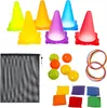 A collection of colorful arcade game accessories, including cones, balls, beanbags, and a mesh bag, arranged on a white background. Produktbild-Vorschau