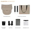 An arrangement of baby stroller accessories on a white background, with German labels. Voir les images du produit