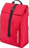 A red backpack with a black strap and buckle. Voir les images du produit