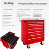 A red tool cart with drawers, shown with dimensions and technical specifications. Náhled obrázku produktu