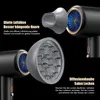 Close-up marketing image of a hairdryer with attachments, highlighting features with text. Produktbild-Vorschau