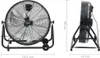 Two views of a black floor fan, with dimensions indicated. Voir les images du produit