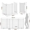 Diagrams showing the dimensions of a white wooden pet gate, with a silhouette of a person for scale. Podgląd zdjęcia produktu