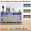 A modern sideboard with LED lighting, showcasing different color options and a remote control. Produktbild-Vorschau