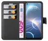 A black leather wallet-style phone case with a smartphone inside, showing credit cards and a banknote. Náhled obrázku produktu