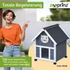 A woman is pointing at a cat house, with text overlays promoting it. Produktbild-Vorschau