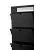 A close-up view of a black shoe cabinet with three open doors. Produktbild-Vorschau
