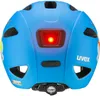 The back of a blue child's bicycle helmet with a red light illuminated. Produktbild-Vorschau