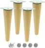 Four wooden furniture legs with metal mounting plates, along with screws and felt pads, are displayed against a white background.