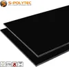 Two black HPL sheets are stacked diagonally on a white background. The top left corner features a logo and text. Produktbild-Vorschau