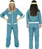 A woman wearing a teal tracksuit with white stripes, presented from the front and back. Produktbild-Vorschau