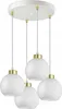 A white ceiling lamp with four glass globes hanging from a white circular base. Produktbild-Vorschau