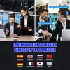 Collage of people using translation headsets in different settings, with text highlighting features and languages supported. Produktbild-Vorschau