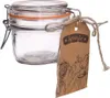 A clear glass jar with a wire bail closure and an orange rubber seal, with a brown kraft paper tag tied to it. Náhled obrázku produktu
