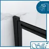 A close-up view of a black shower enclosure corner against a marble-patterned wall. Produktbild-Vorschau