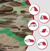 A camouflage fabric tarp is shown with several circular icons illustrating various uses for the tarp. Produktbild-Vorschau